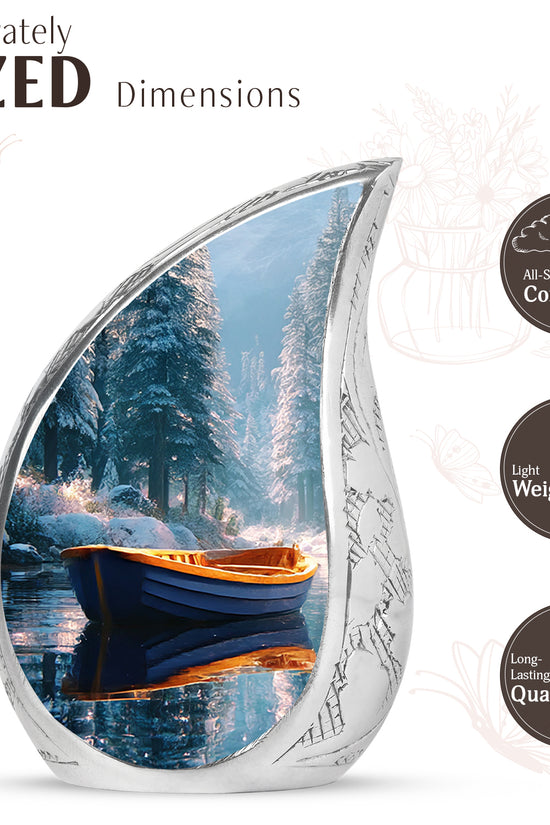 Jewel Teal Boat Cremation Urn angled view of lid and engraved motif - flowing teardrop boat silhouette on curved aluminum - mini keepsake memorial for portion of cremation ashes