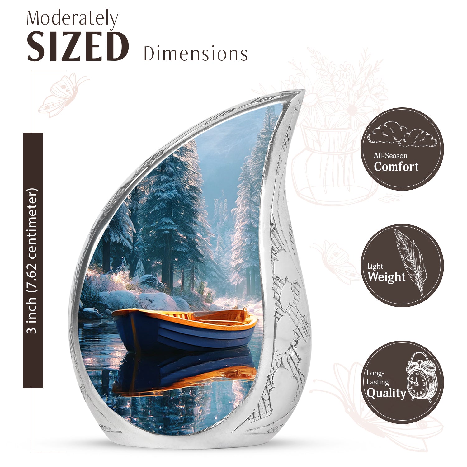 Jewel Teal Boat Cremation Urn angled view of lid and engraved motif - flowing teardrop boat silhouette on curved aluminum - mini keepsake memorial for portion of cremation ashes