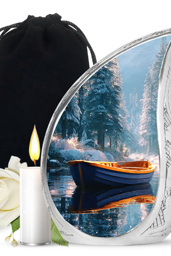 Aqua Teal Boat Cremation Urn front view showing detailed design - graceful tear-shaped urn with boat motif - full-size 10 inch 200 cubic inch adult cremation urn
