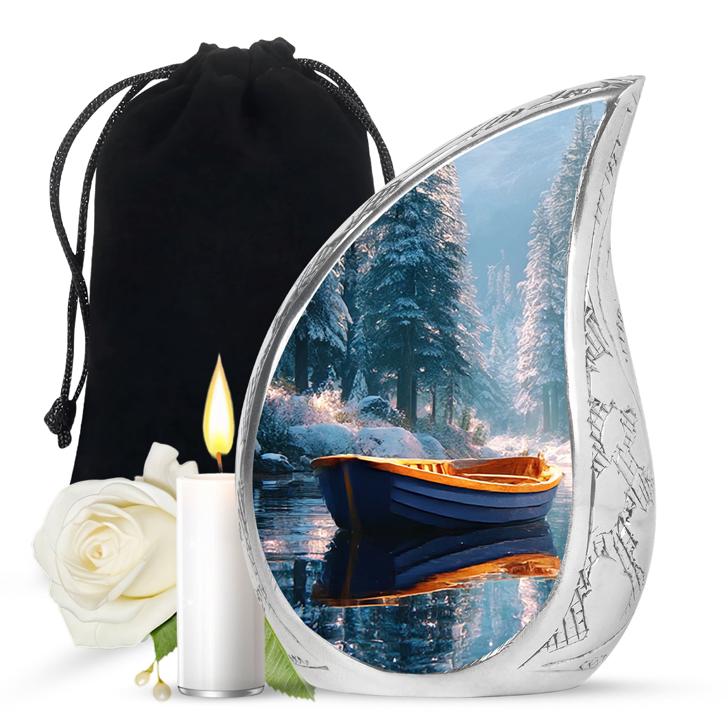 Aqua Teal Boat Cremation Urn front view showing detailed design - graceful tear-shaped urn with boat motif - full-size 10 inch 200 cubic inch adult cremation urn