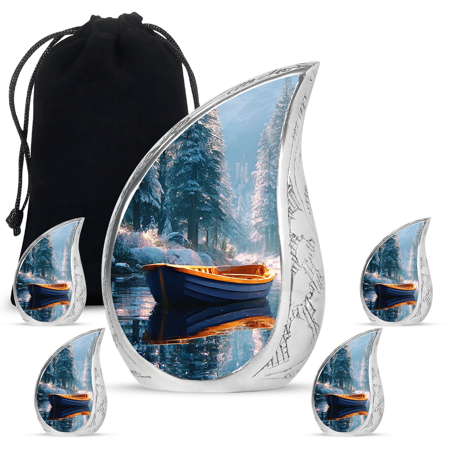Vivid Teal Boat Cremation Urn side profile showing urn shape - graceful tear-shaped urn with boat motif - memorial set with one large and four small urns