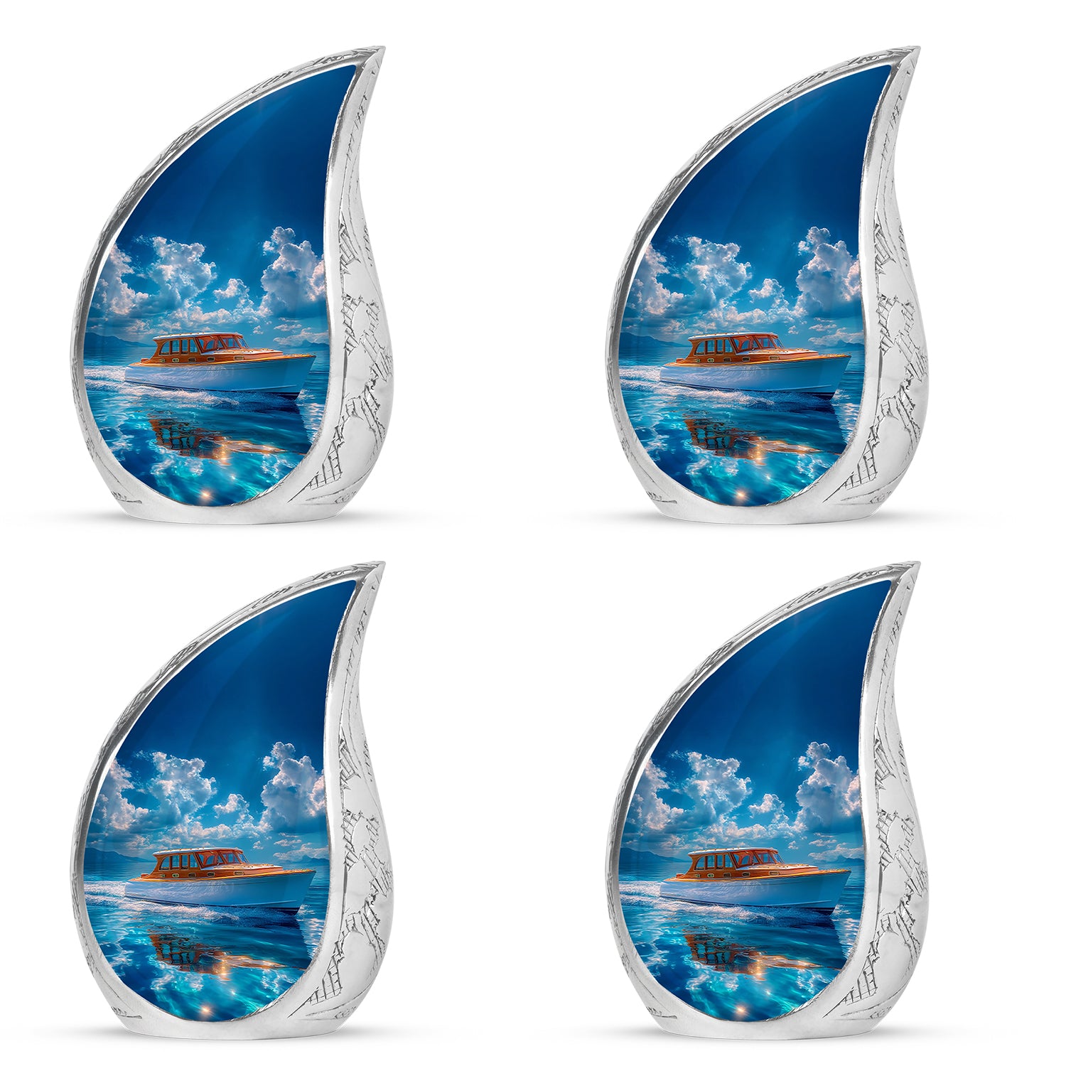 Steel Blue Boat Cremation Urn close-up of engraving and surface detail - smooth teardrop contour featuring boat art - 10 inch aluminum urn for cremated remains
