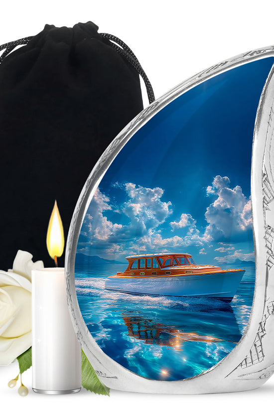Azure Boat Cremation Urn front view showing detailed design - rounded teardrop boat design with delicate detail - full-size 10 inch 200 cubic inch adult cremation urn