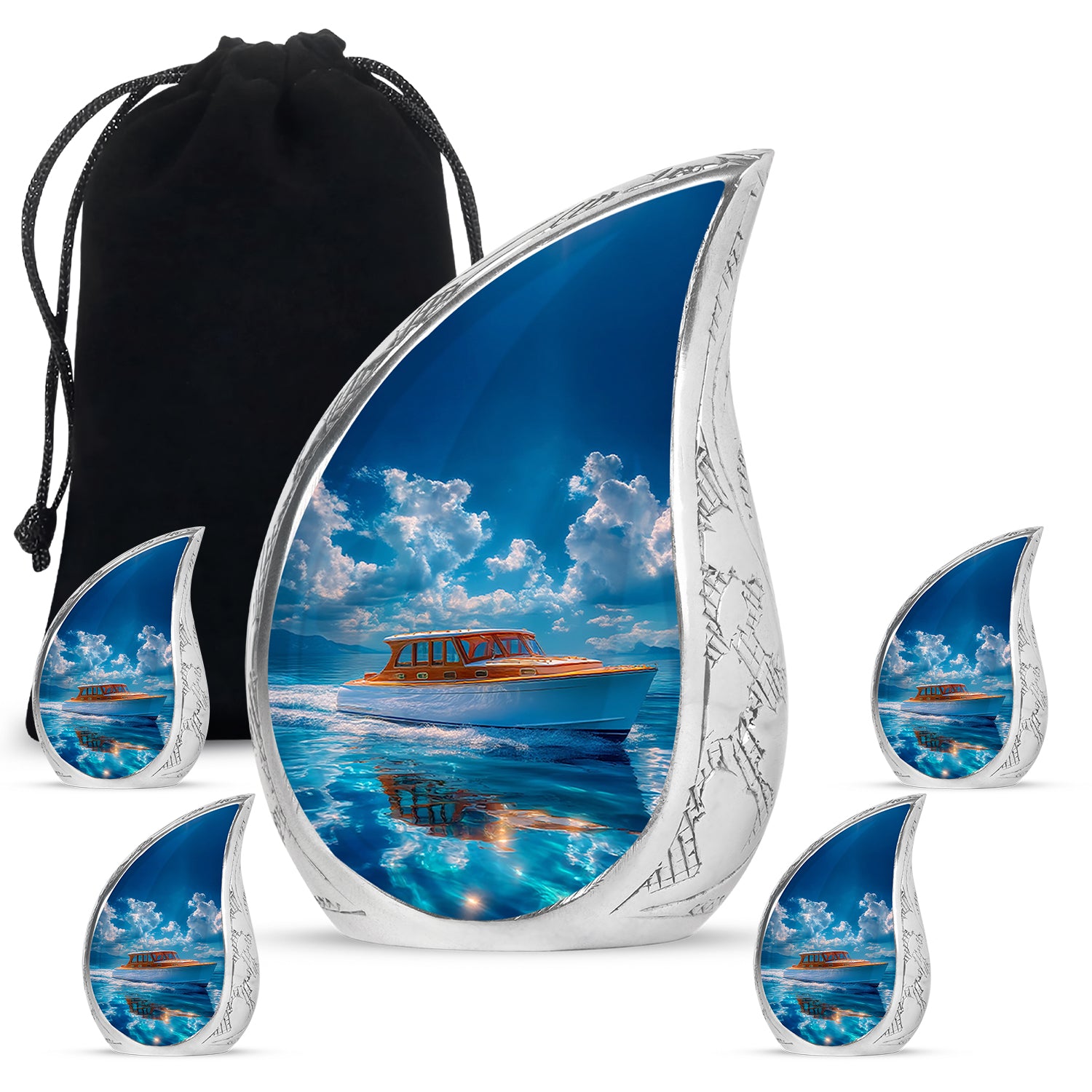 Calming Blue Boat Cremation Urn side profile showing urn shape - graceful tear-shaped urn with boat motif - memorial set with one large and four small urns