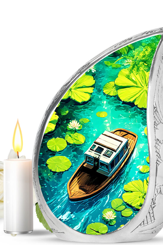 Personalized Blue Cherished Boat Cremation Urns for Human Ashes - 10-inch, 200 cu in - Karyliz