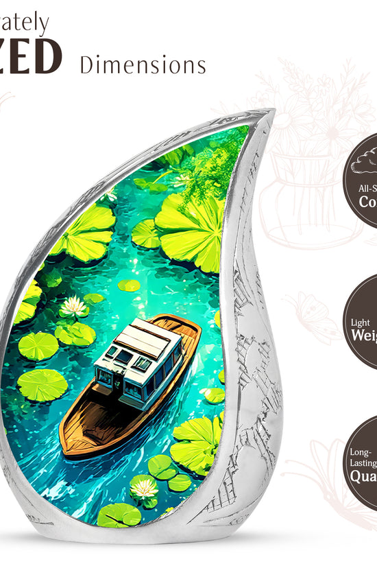 Celestial Blue Boat Cremation Urn angled view of lid and engraved motif - flowing teardrop boat silhouette on curved aluminum - mini keepsake memorial for portion of cremation ashes