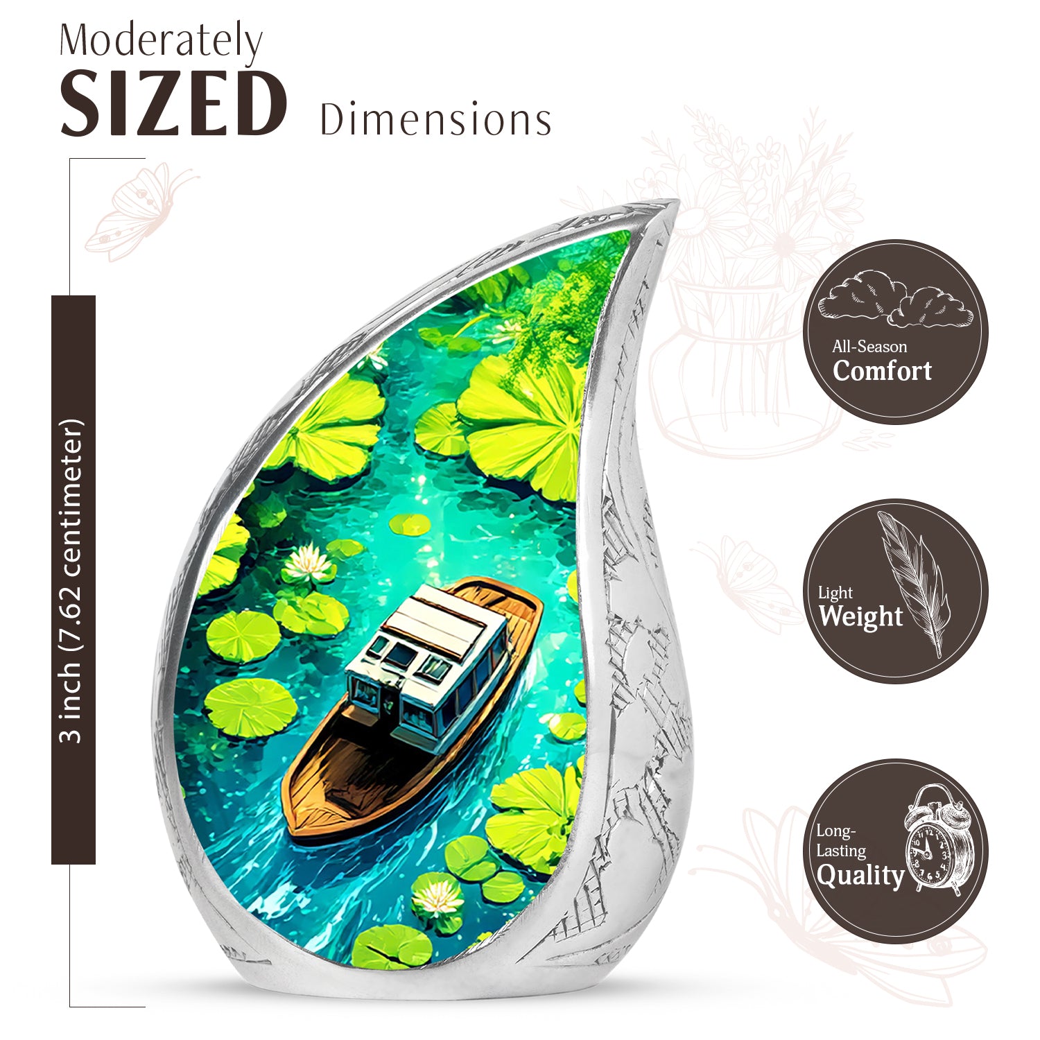 Celestial Blue Boat Cremation Urn angled view of lid and engraved motif - flowing teardrop boat silhouette on curved aluminum - mini keepsake memorial for portion of cremation ashes