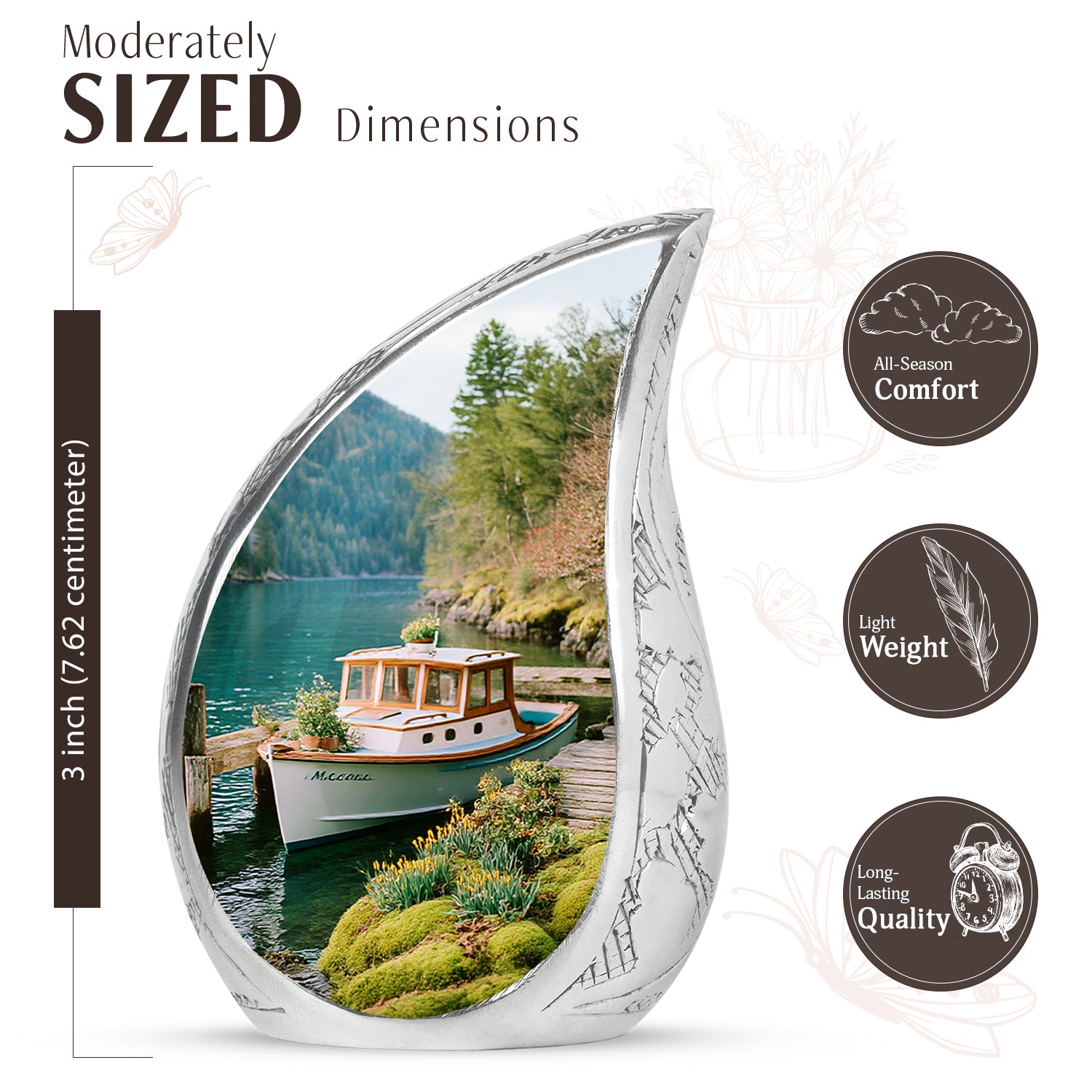 Ocean Teal Boat Cremation Urn angled view of lid and engraved motif - flowing teardrop boat silhouette on curved aluminum - mini keepsake memorial for portion of cremation ashes