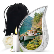 Tropical Teal Boat Cremation Urn front view showing detailed design - graceful tear-shaped urn with boat motif - full-size 10 inch 200 cubic inch adult cremation urn