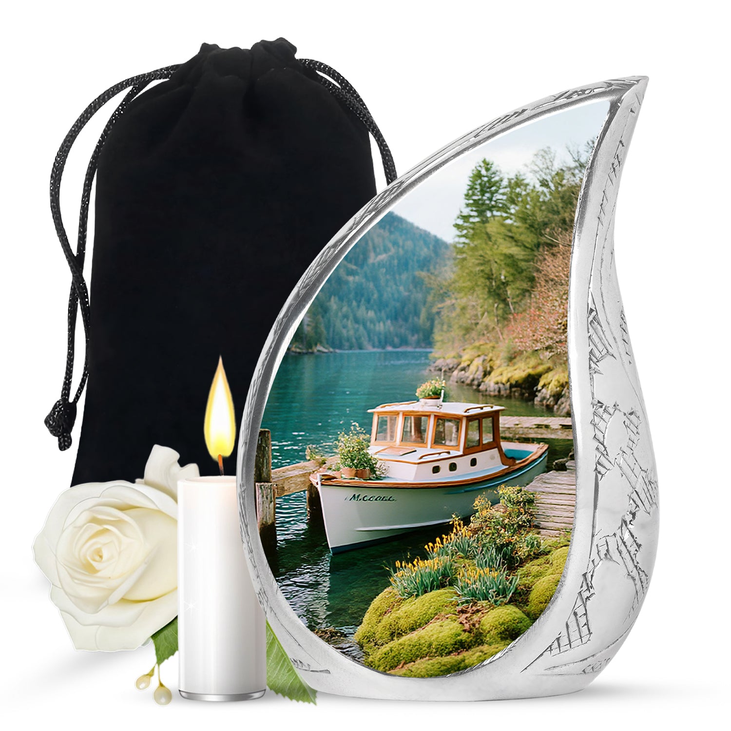 Tropical Teal Boat Cremation Urn front view showing detailed design - graceful tear-shaped urn with boat motif - full-size 10 inch 200 cubic inch adult cremation urn