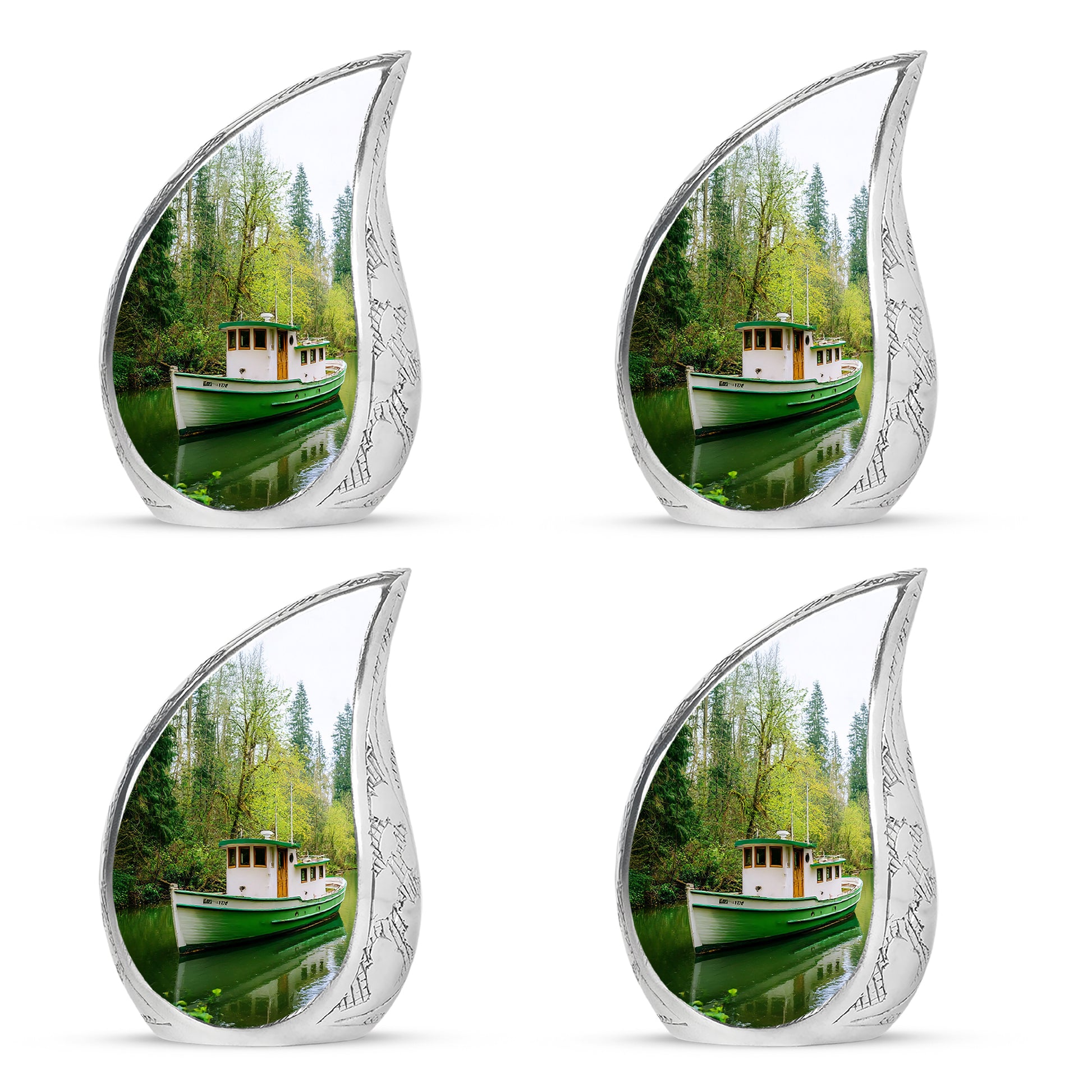 Emerald Green Boat Cremation Urn close-up of engraving and surface detail - rounded teardrop boat design with delicate detail - 10 inch aluminum urn for cremated remains