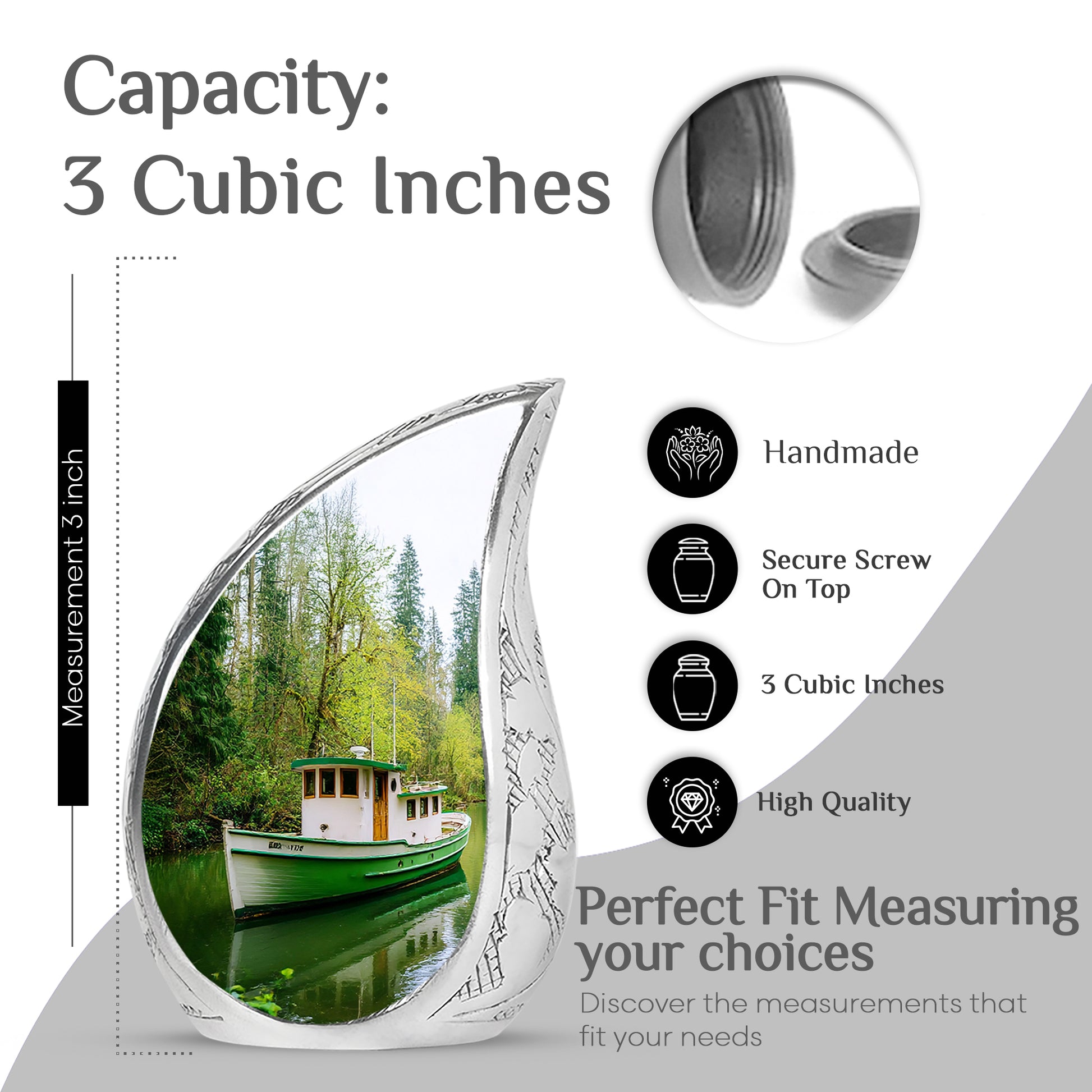 Pine Green Boat Cremation Urn angled view of lid and engraved motif - smooth teardrop contour featuring boat art - mini keepsake memorial for portion of cremation ashes