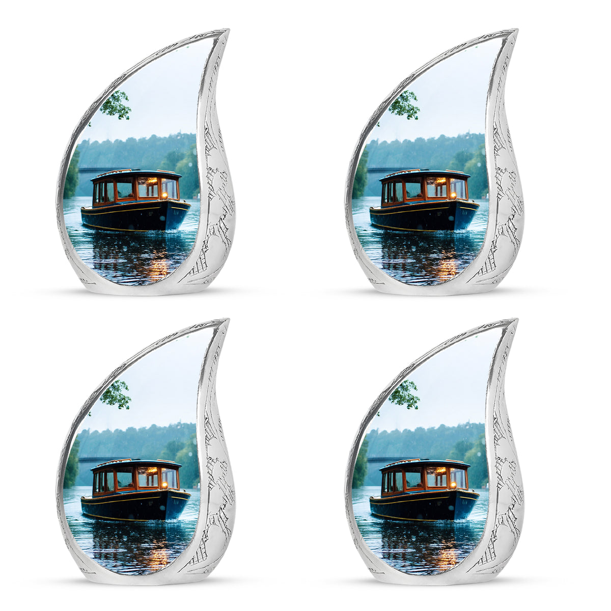 Cloud White Boat Cremation Urn close-up of engraving and surface detail - smooth teardrop contour featuring boat art - 10 inch aluminum urn for cremated remains