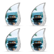 Cloud White Boat Cremation Urn close-up of engraving and surface detail - smooth teardrop contour featuring boat art - 10 inch aluminum urn for cremated remains