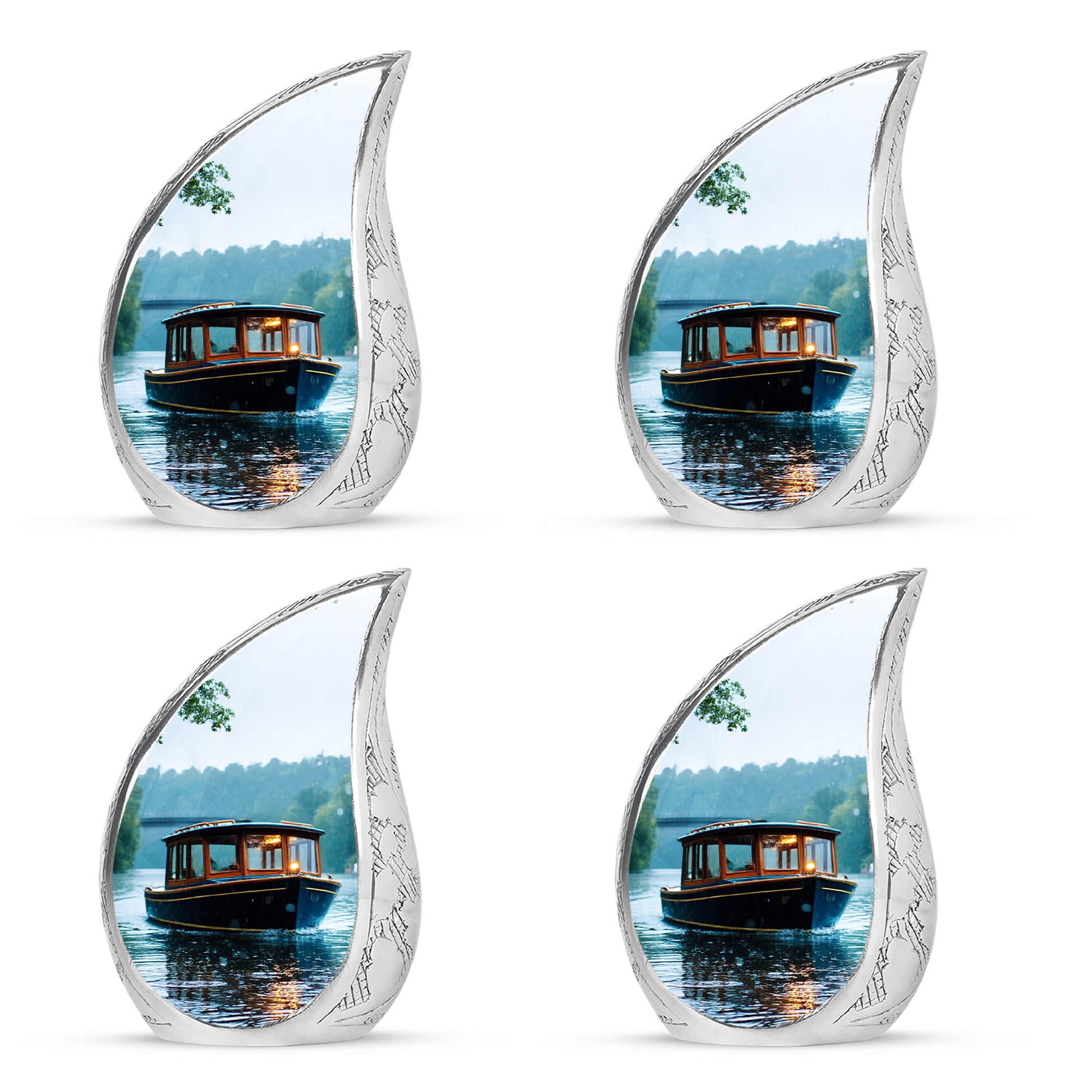 Cloud White Boat Cremation Urn close-up of engraving and surface detail - smooth teardrop contour featuring boat art - 10 inch aluminum urn for cremated remains