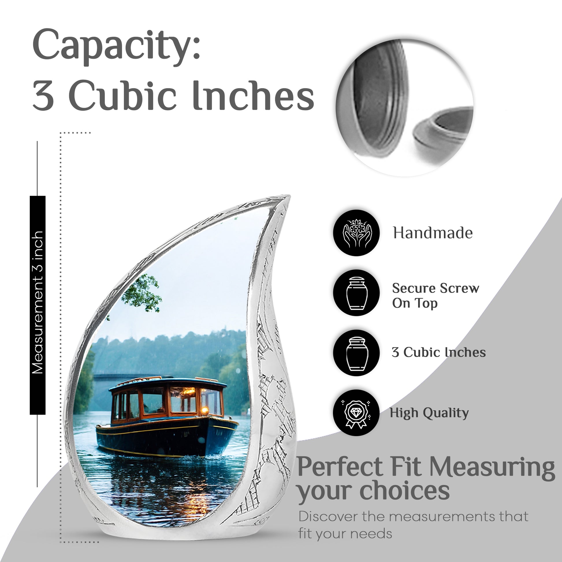 Silk White Boat Cremation Urn angled view of lid and engraved motif - graceful tear-shaped urn with boat motif - mini keepsake memorial for portion of cremation ashes