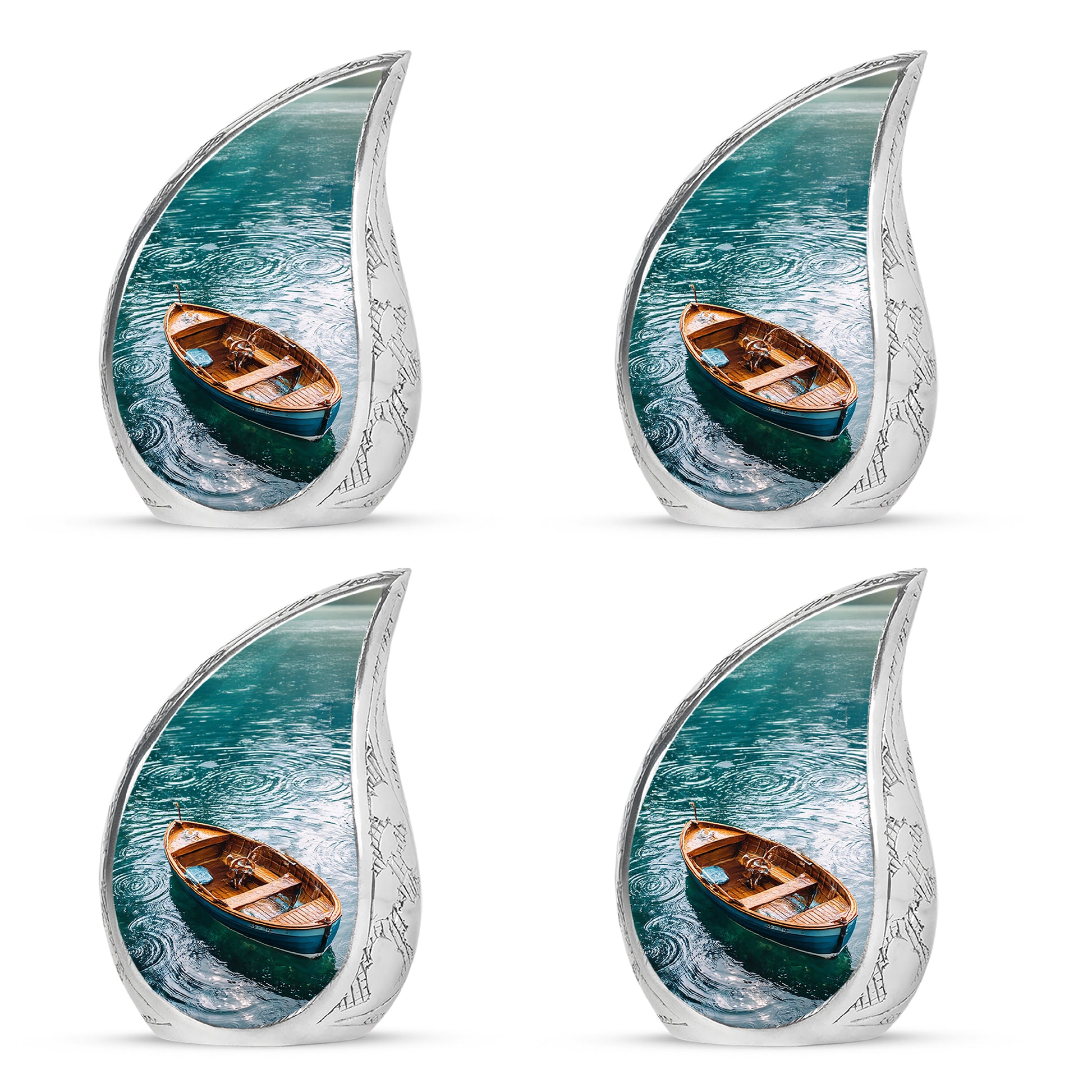 Cool Teal Boat Cremation Urn close-up of engraving and surface detail - flowing teardrop boat silhouette on curved aluminum - 10 inch aluminum urn for cremated remains