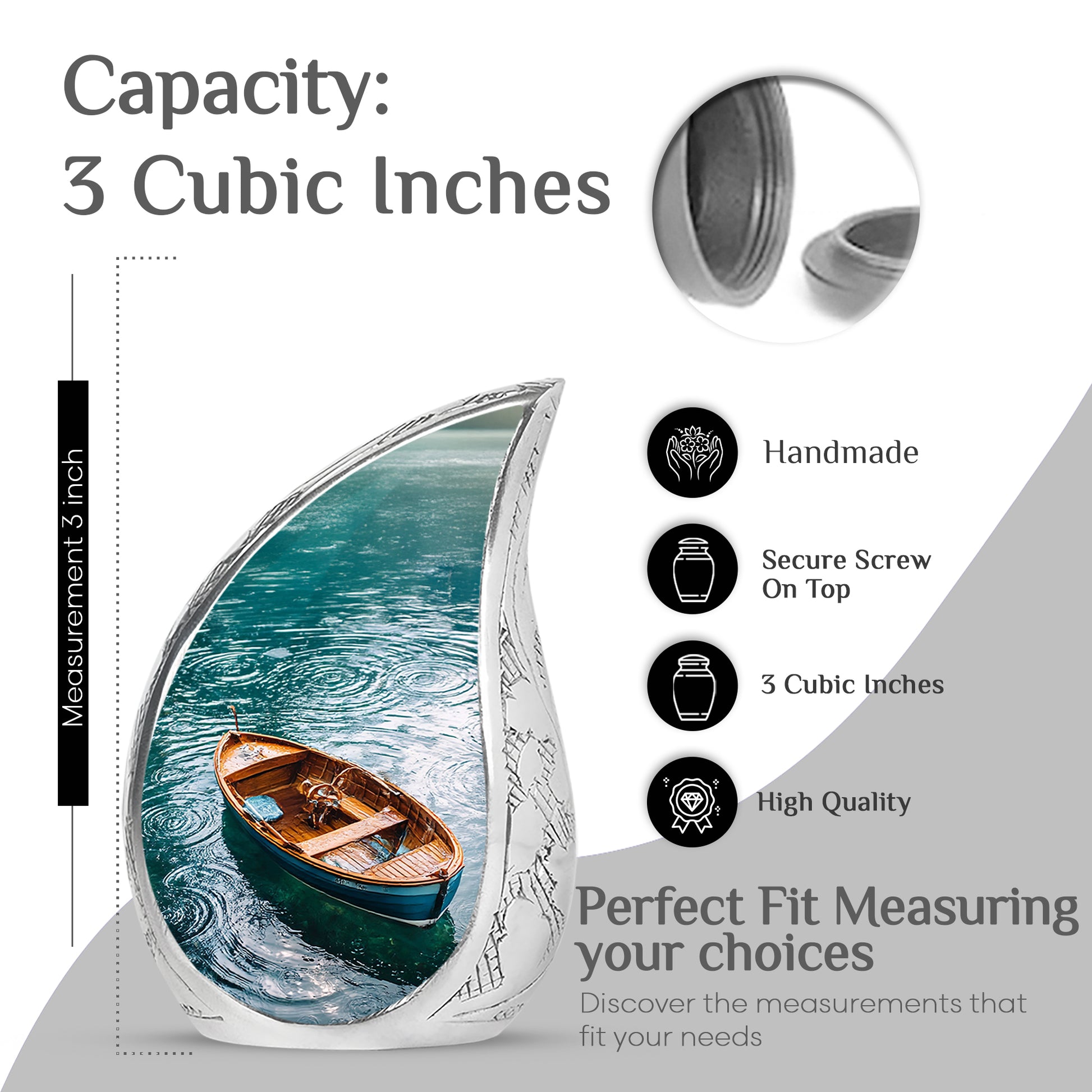 Soft Teal Boat Cremation Urn angled view of lid and engraved motif - flowing teardrop boat silhouette on curved aluminum - mini keepsake memorial for portion of cremation ashes