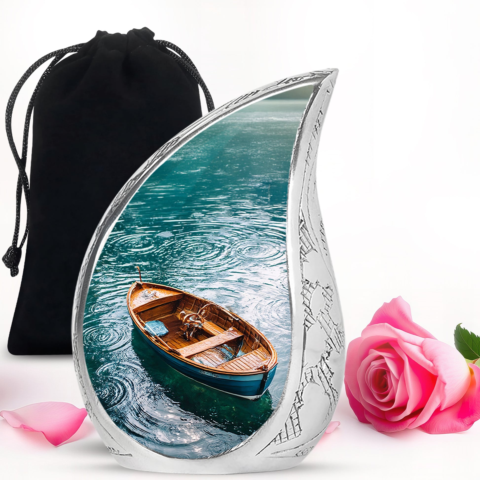 Deep Teal Boat Cremation Urn front view showing detailed design - graceful tear-shaped urn with boat motif - full-size 10 inch 200 cubic inch adult cremation urn