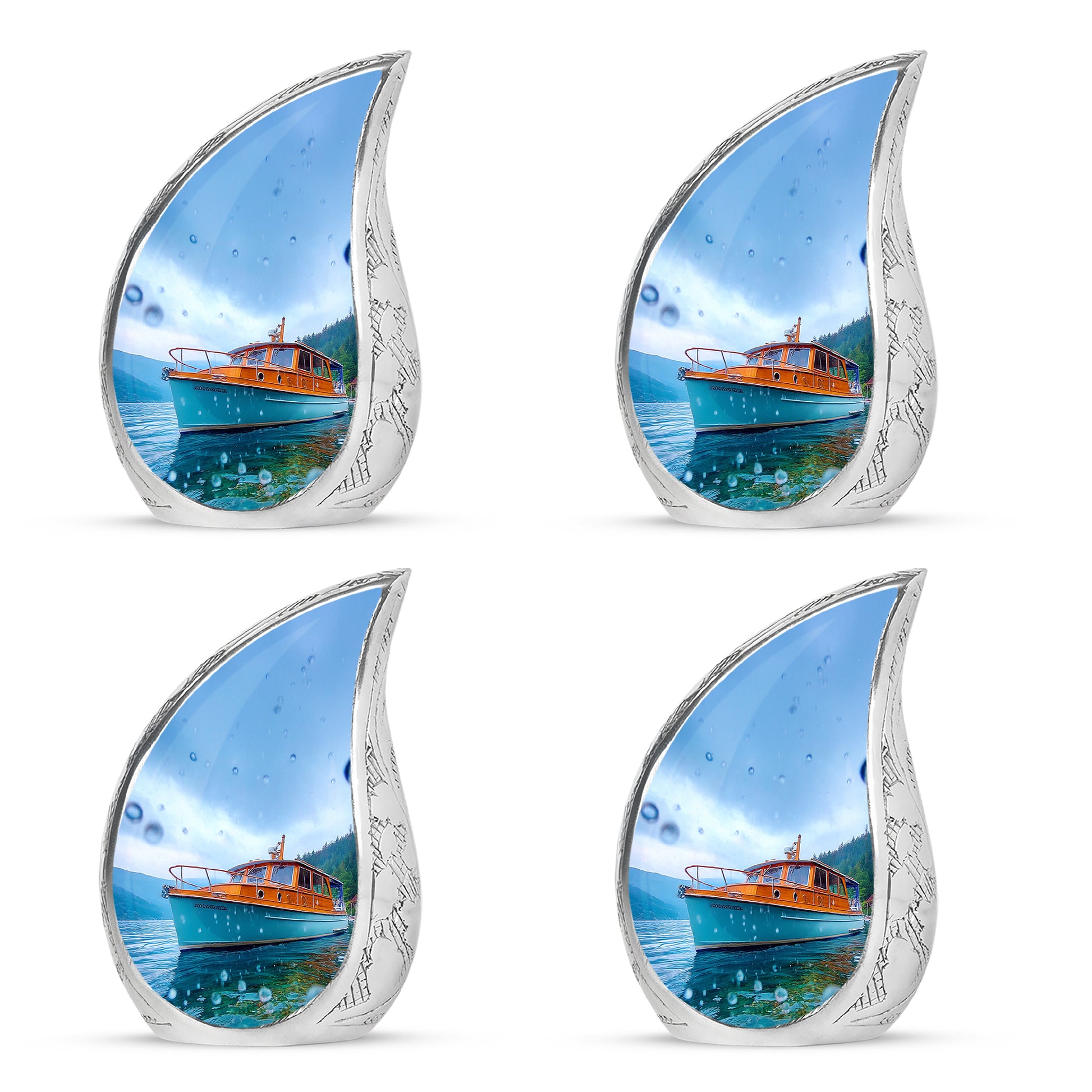 Steel Blue Boat Cremation Urn close-up of engraving and surface detail - graceful tear-shaped urn with boat motif - 10 inch aluminum urn for cremated remains