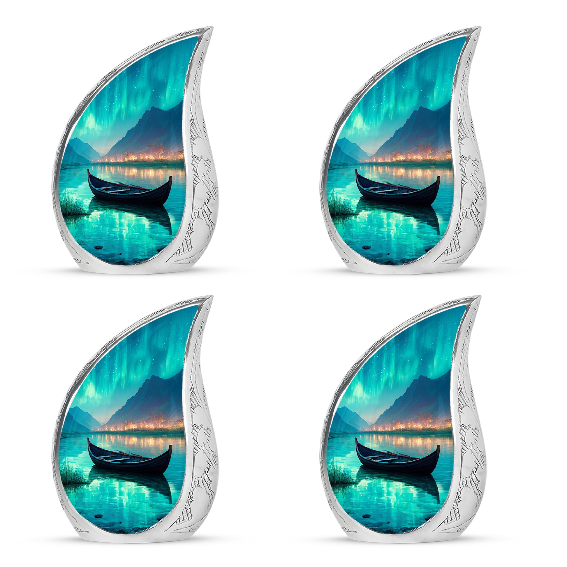 Deep Teal Boat Cremation Urn close-up of engraving and surface detail - smooth teardrop contour featuring boat art - 10 inch aluminum urn for cremated remains