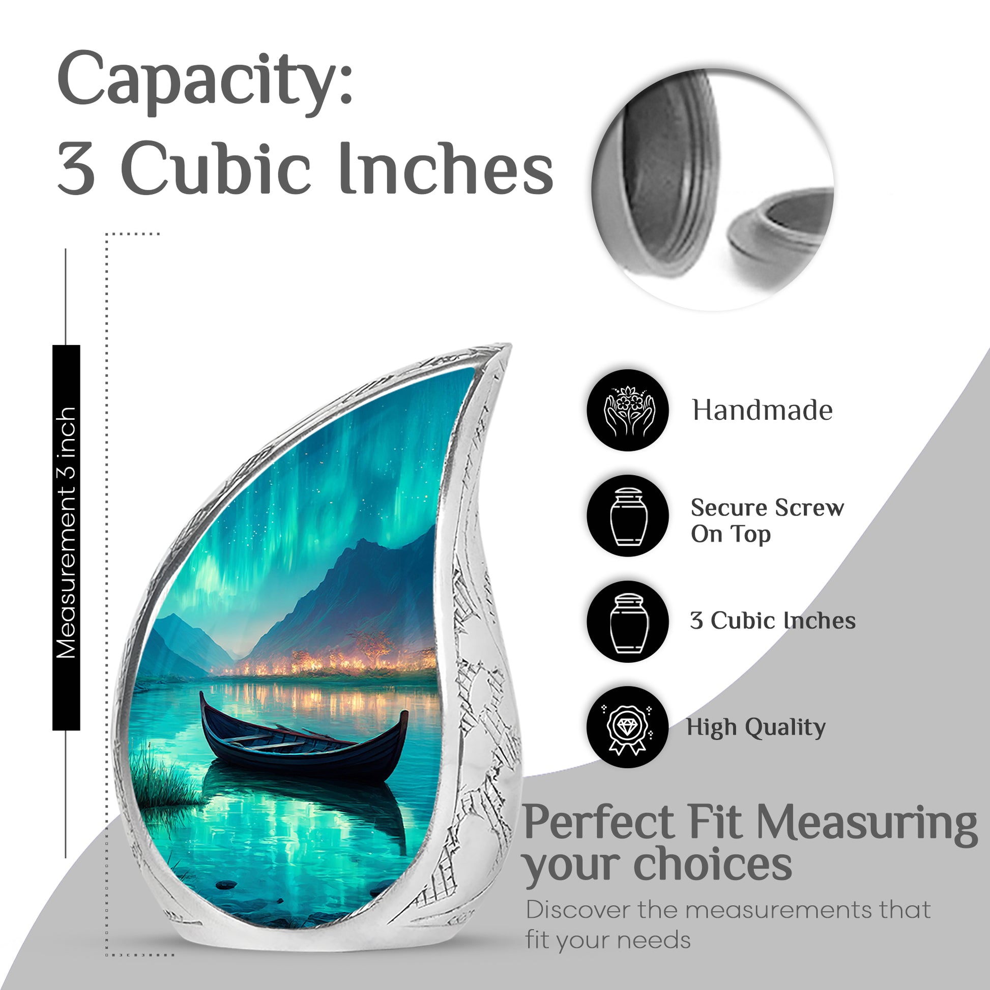 Aqua Teal Boat Cremation Urn angled view of lid and engraved motif - smooth teardrop contour featuring boat art - mini keepsake memorial for portion of cremation ashes