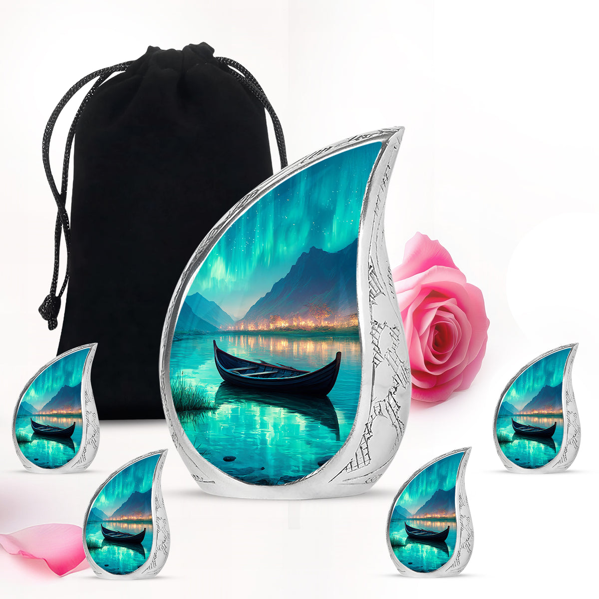 Tropical Teal Boat Cremation Urn side profile showing urn shape - smooth teardrop contour featuring boat art - memorial set with one large and four small urns