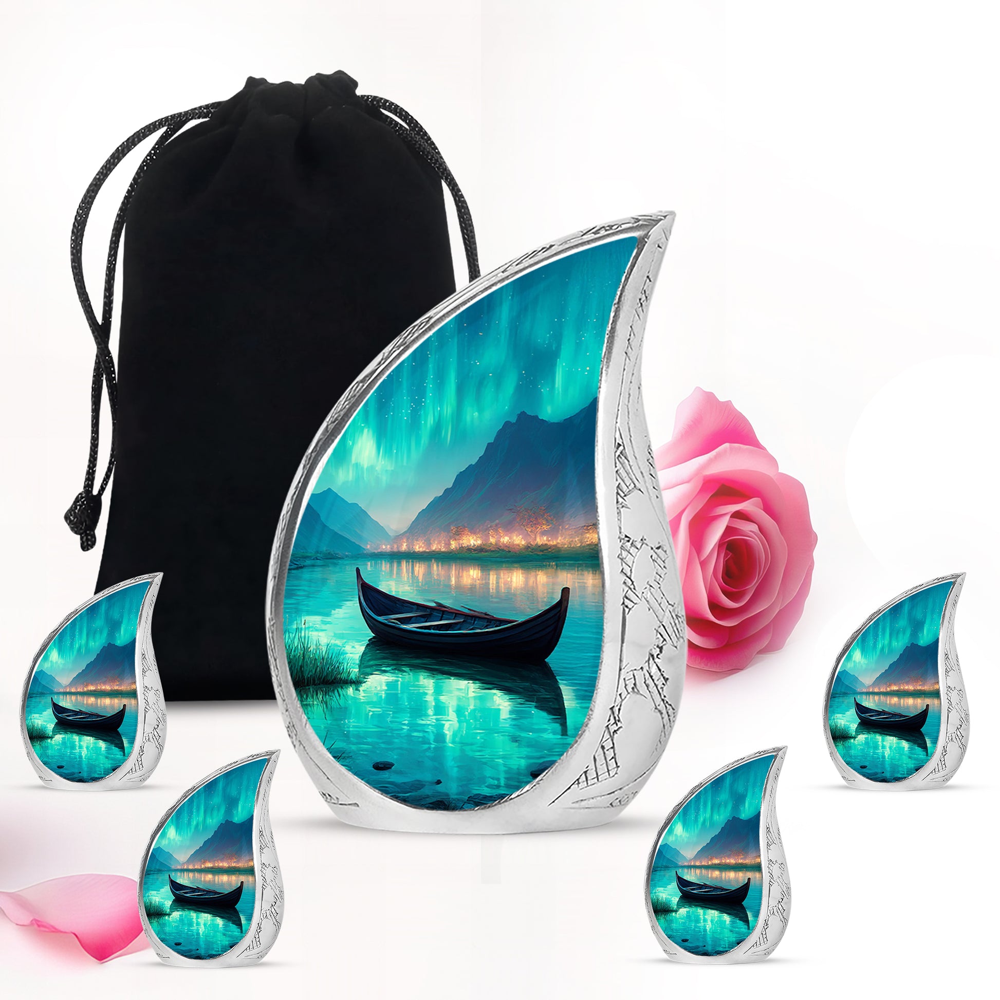Tropical Teal Boat Cremation Urn side profile showing urn shape - smooth teardrop contour featuring boat art - memorial set with one large and four small urns