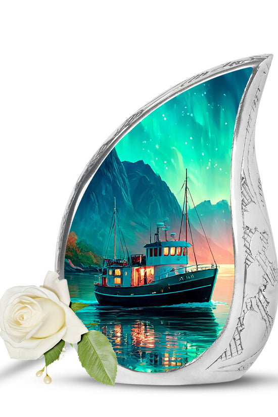 Luminous Teal Boat Honor Urn for Human Ashes - 10-inch, 200 cu in - Karyliz
