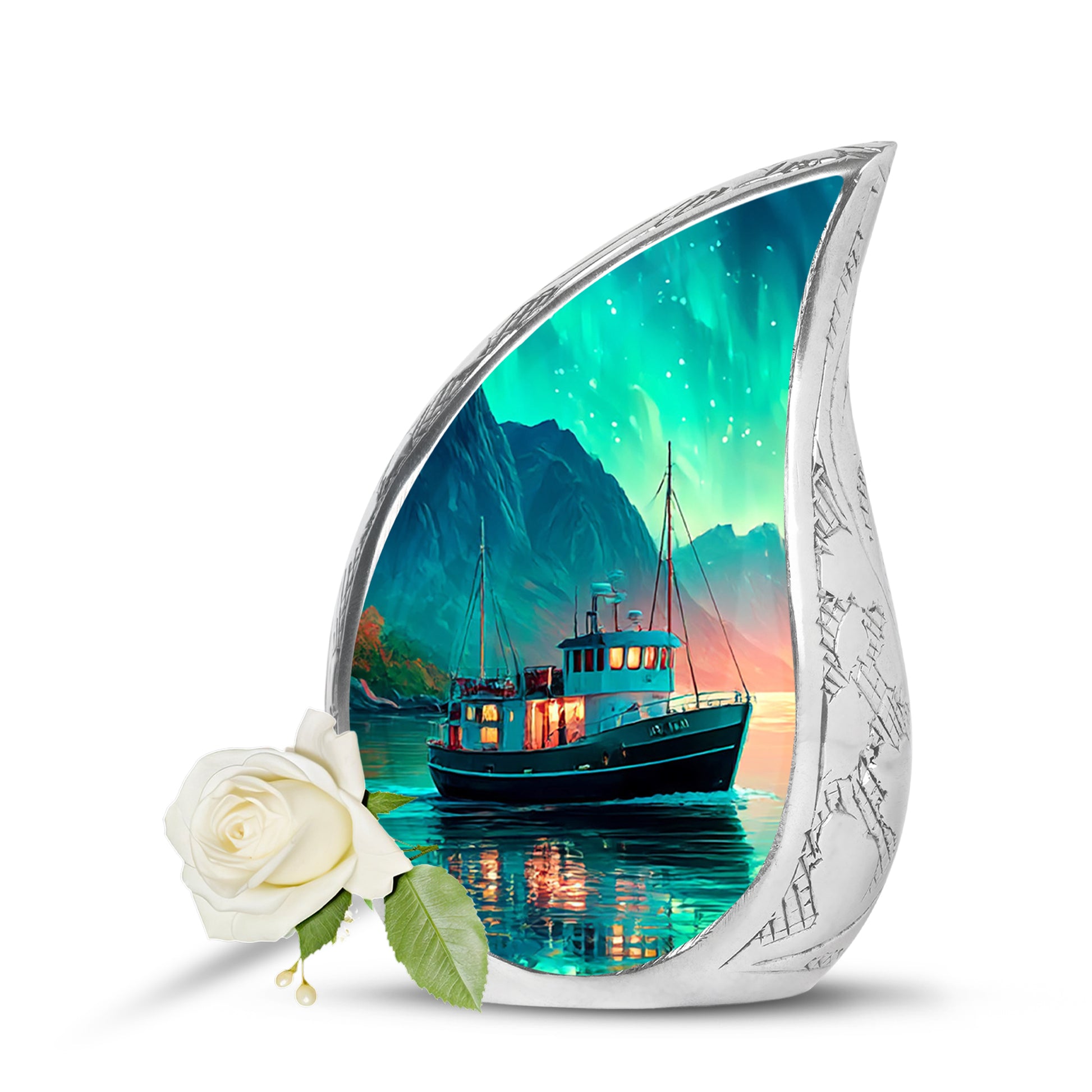 Luminous Teal Boat Honor Urn for Human Ashes - 10-inch, 200 cu in - Karyliz