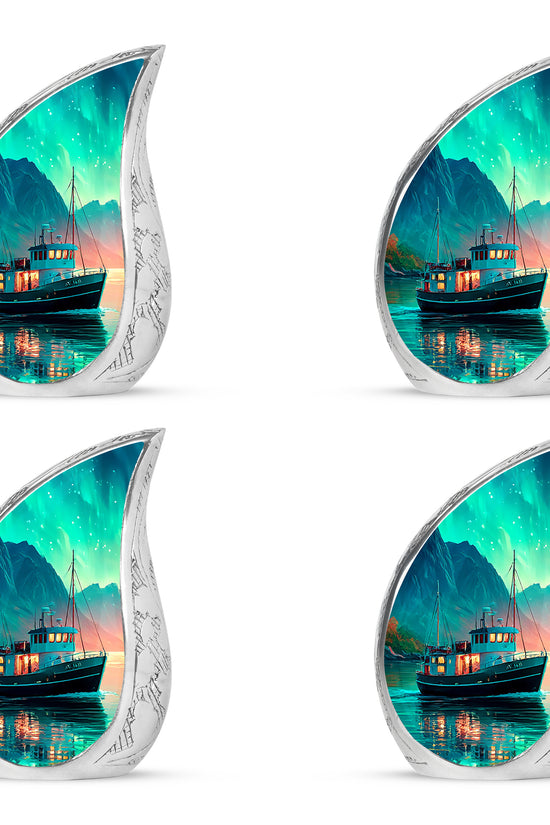 Jewel Teal Boat Cremation Urn close-up of engraving and surface detail - flowing teardrop boat silhouette on curved aluminum - 10 inch aluminum urn for cremated remains
