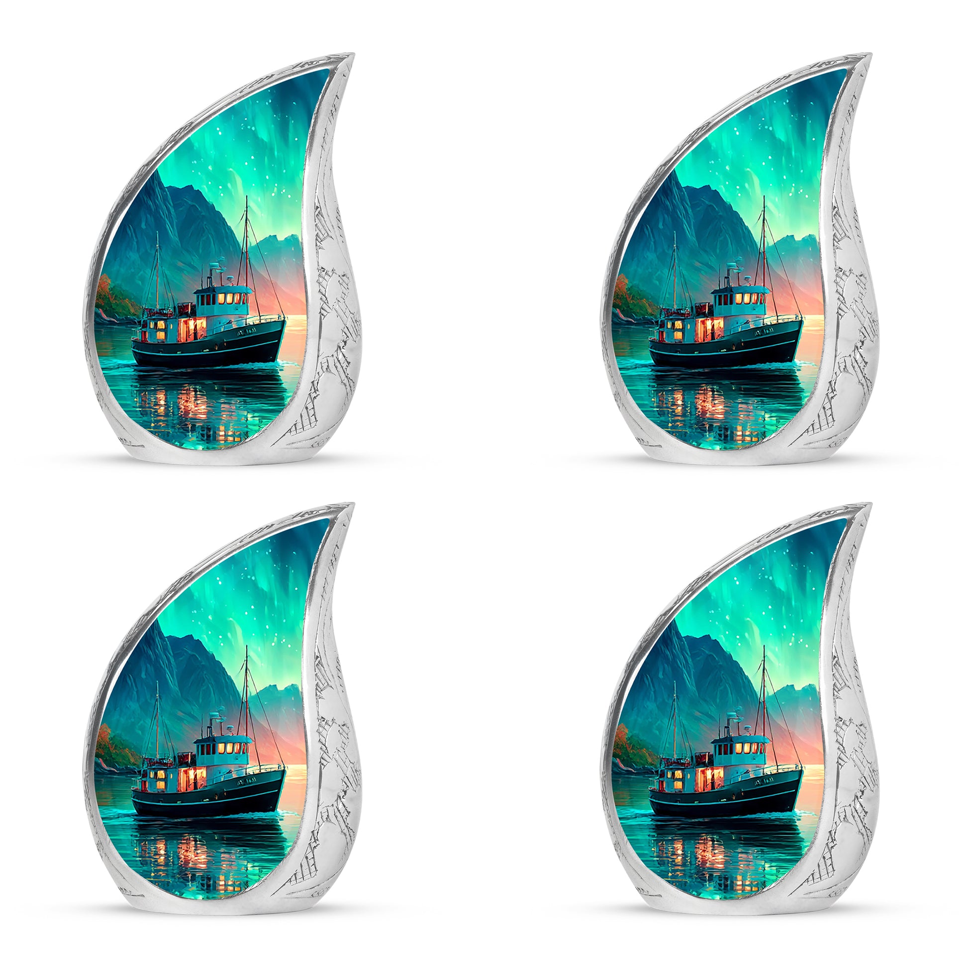 Jewel Teal Boat Cremation Urn close-up of engraving and surface detail - flowing teardrop boat silhouette on curved aluminum - 10 inch aluminum urn for cremated remains