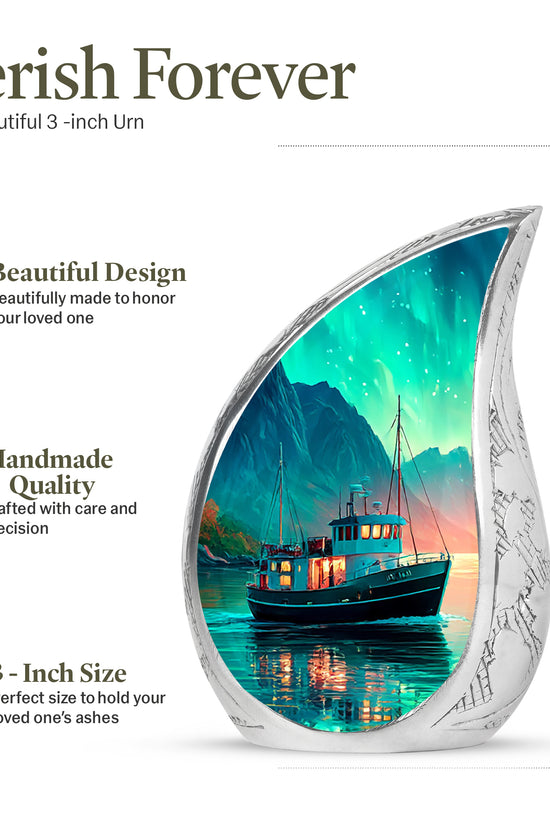 Aqua Teal Boat Cremation Urn angled view of lid and engraved motif - smooth teardrop contour featuring boat art - mini keepsake memorial for portion of cremation ashes