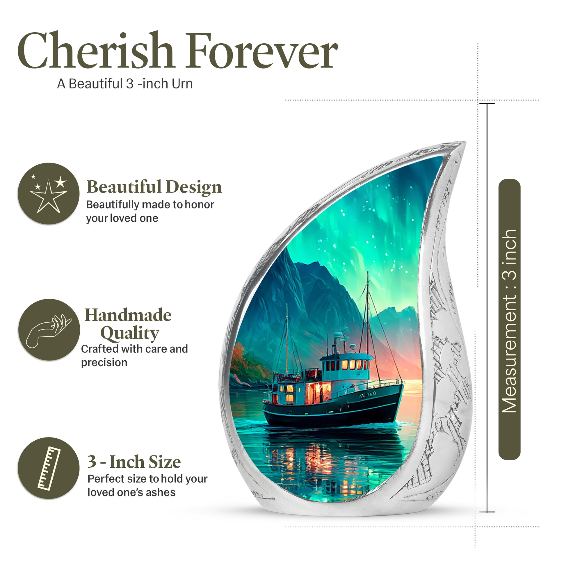 Aqua Teal Boat Cremation Urn angled view of lid and engraved motif - smooth teardrop contour featuring boat art - mini keepsake memorial for portion of cremation ashes