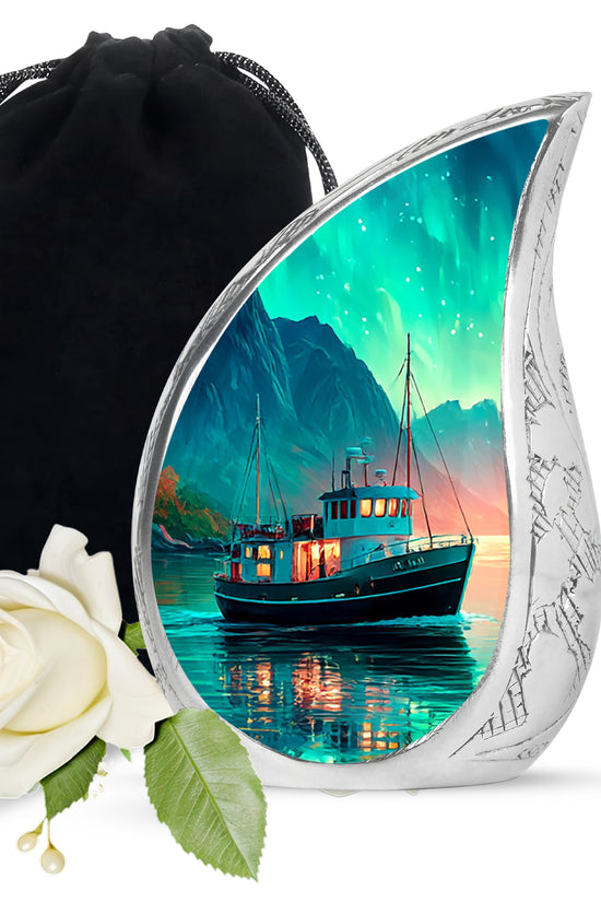 Jewel Teal Boat Cremation Urn front view showing detailed design - rounded teardrop boat design with delicate detail - full-size 10 inch 200 cubic inch adult cremation urn