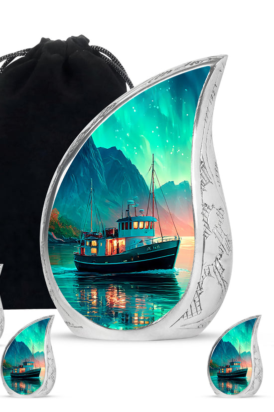 Mystic Teal Boat Cremation Urn side profile showing urn shape - smooth teardrop contour featuring boat art - memorial set with one large and four small urns