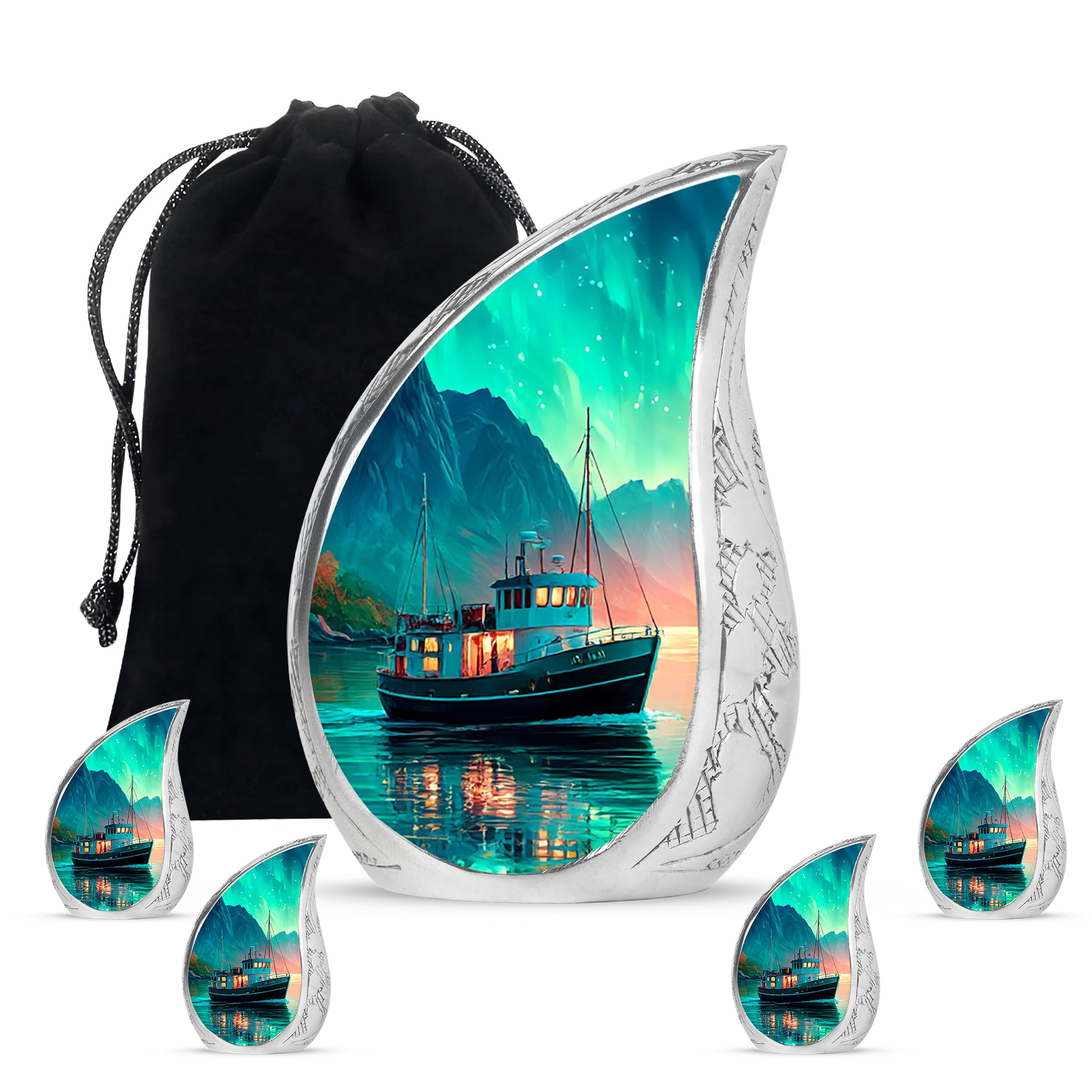 Mystic Teal Boat Cremation Urn side profile showing urn shape - smooth teardrop contour featuring boat art - memorial set with one large and four small urns