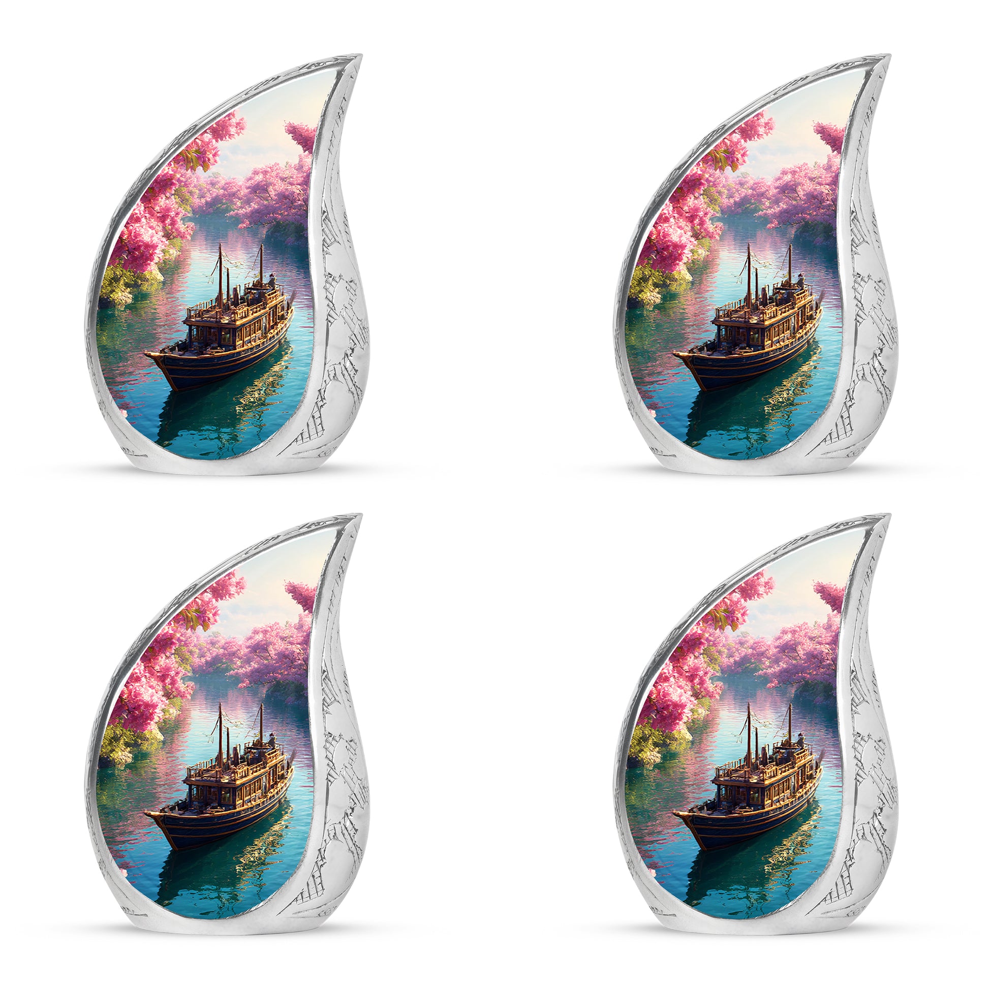 Soft Pink Boat Cremation Urn close-up of engraving and surface detail - smooth teardrop contour featuring boat art - 10 inch aluminum urn for cremated remains