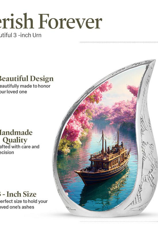 Salmon Pink Boat Cremation Urn angled view of lid and engraved motif - smooth teardrop contour featuring boat art - mini keepsake memorial for portion of cremation ashes