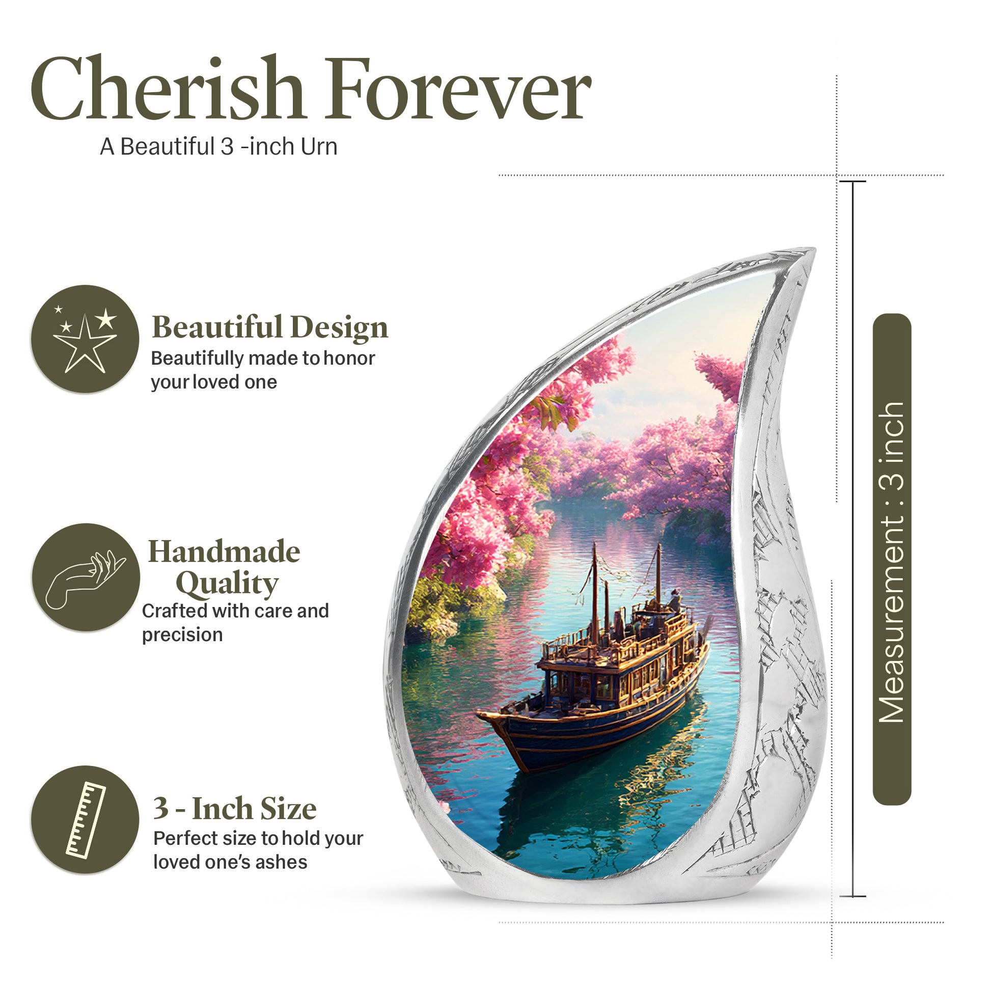 Salmon Pink Boat Cremation Urn angled view of lid and engraved motif - smooth teardrop contour featuring boat art - mini keepsake memorial for portion of cremation ashes