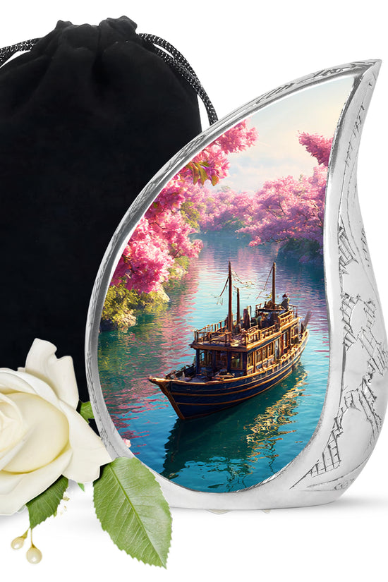 Soft Pink Boat Cremation Urn front view showing detailed design - smooth teardrop contour featuring boat art - full-size 10 inch 200 cubic inch adult cremation urn