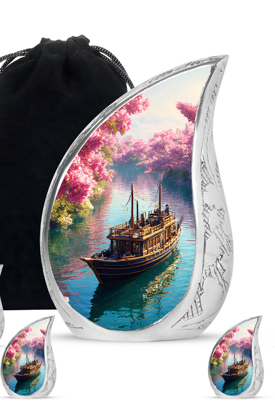 Coral Pink Boat Cremation Urn side profile showing urn shape - rounded teardrop boat design with delicate detail - memorial set with one large and four small urns