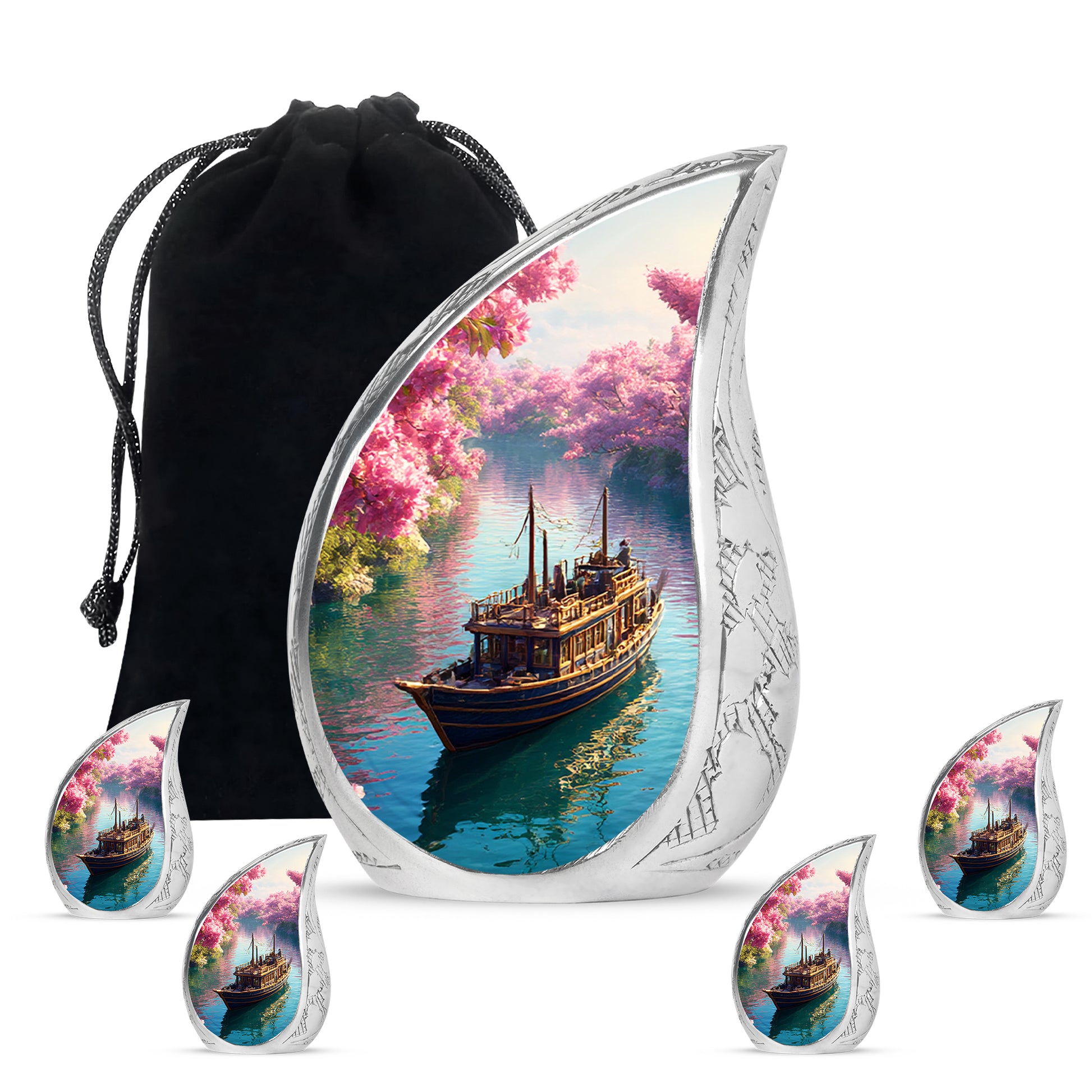 Coral Pink Boat Cremation Urn side profile showing urn shape - rounded teardrop boat design with delicate detail - memorial set with one large and four small urns