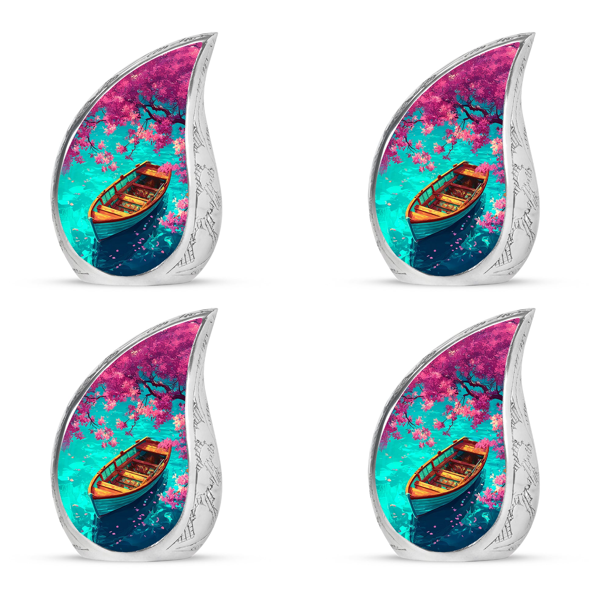 Tropical Teal Boat Cremation Urn close-up of engraving and surface detail - graceful tear-shaped urn with boat motif - 10 inch aluminum urn for cremated remains