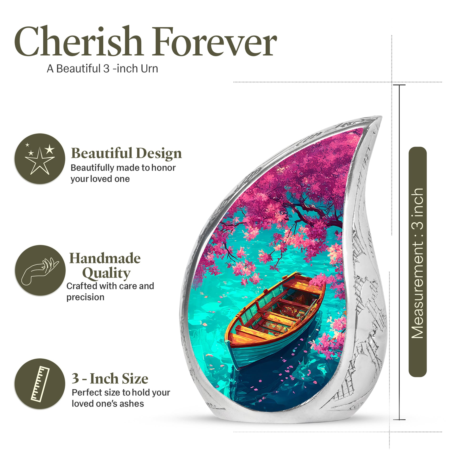 Deep Teal Boat Cremation Urn angled view of lid and engraved motif - smooth teardrop contour featuring boat art - mini keepsake memorial for portion of cremation ashes
