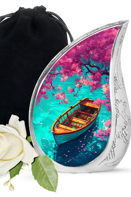 Tropical Teal Boat Cremation Urn front view showing detailed design - graceful tear-shaped urn with boat motif - full-size 10 inch 200 cubic inch adult cremation urn