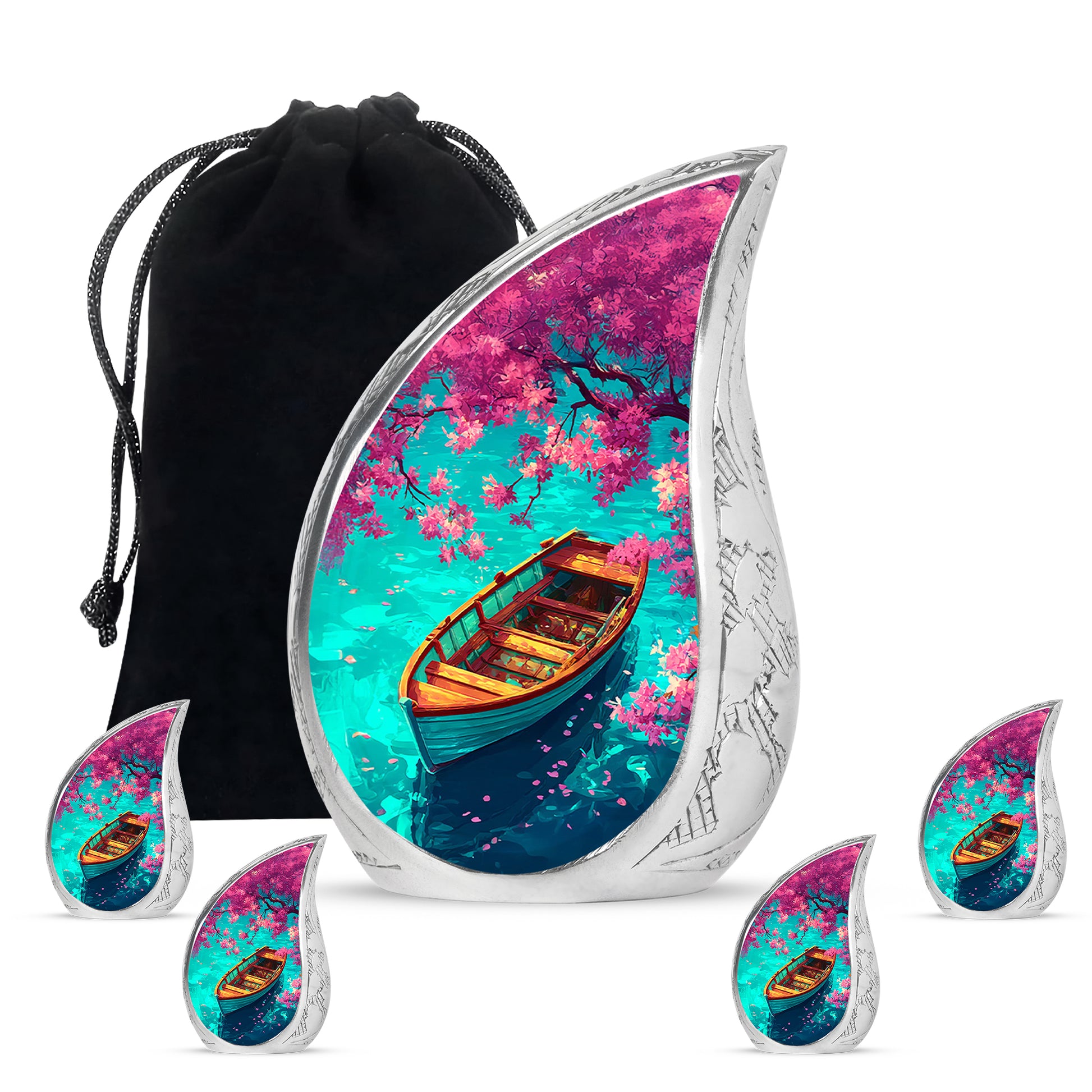 Cool Teal Boat Cremation Urn side profile showing urn shape - flowing teardrop boat silhouette on curved aluminum - memorial set with one large and four small urns