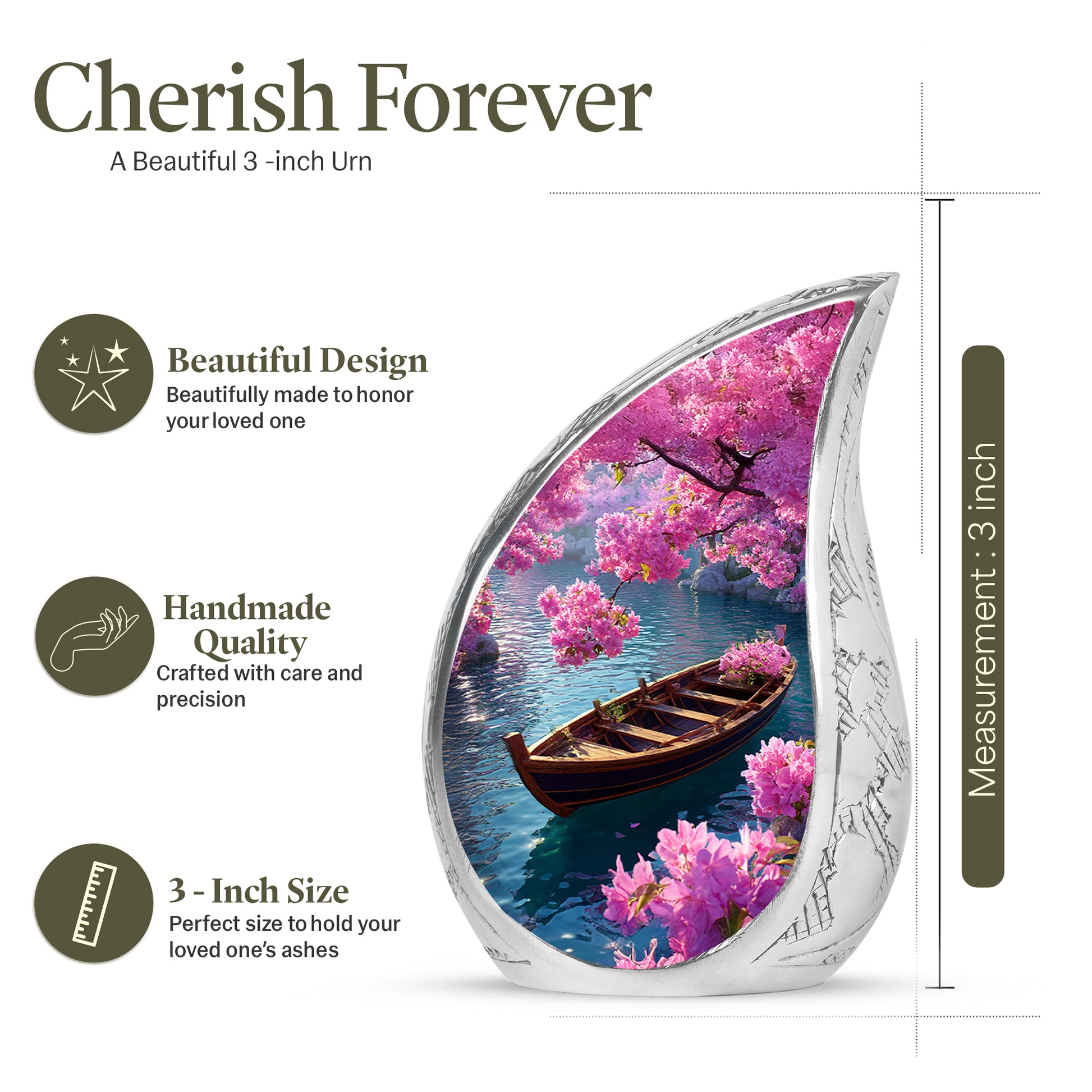 Royal Blue Boat Cremation Urn angled view of lid and engraved motif - graceful tear-shaped urn with boat motif - mini keepsake memorial for portion of cremation ashes