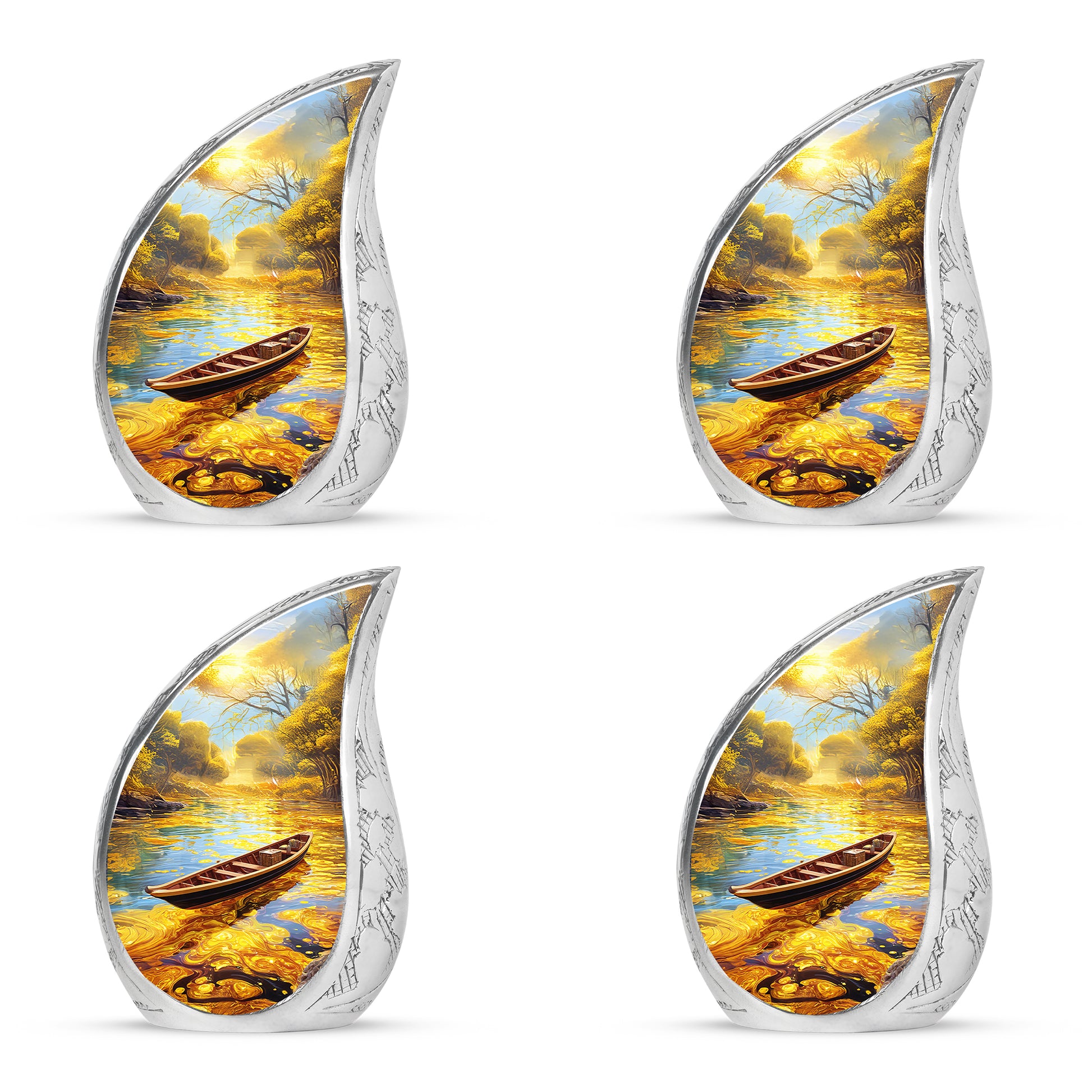 Sunrise Gold Boat Cremation Urn close-up of engraving and surface detail - flowing teardrop boat silhouette on curved aluminum - 10 inch aluminum urn for cremated remains