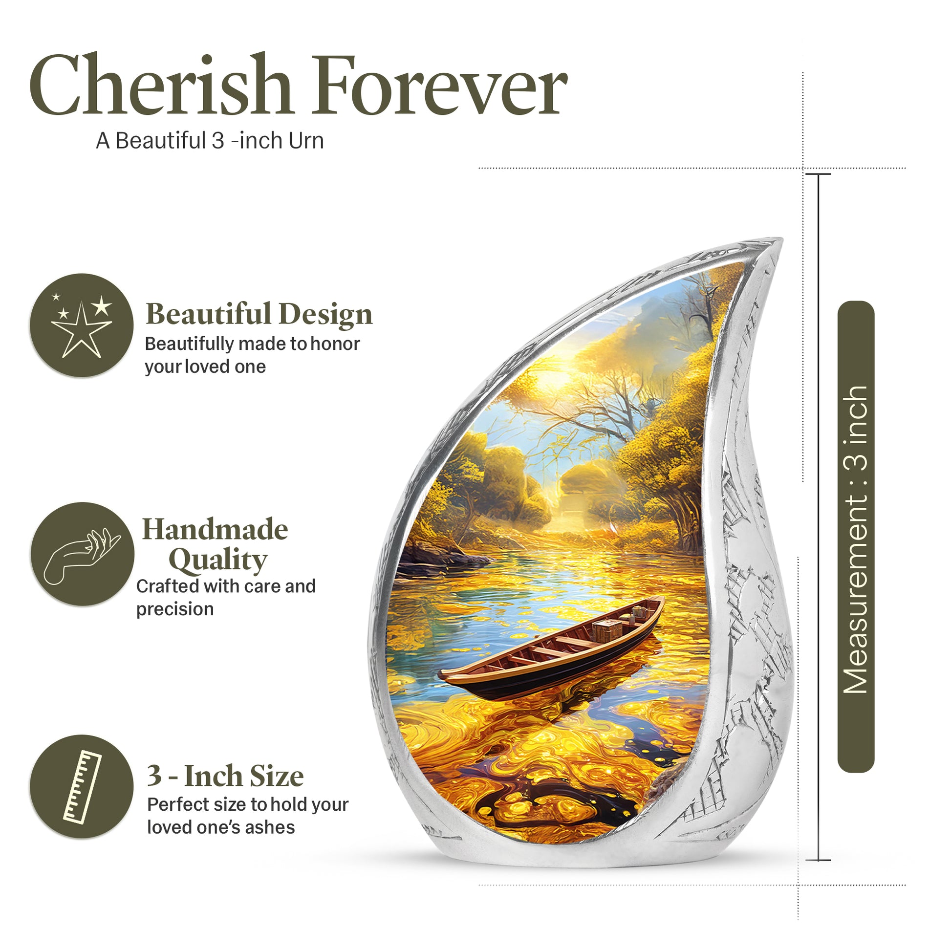 Gilded Gold Boat Cremation Urn angled view of lid and engraved motif - flowing teardrop boat silhouette on curved aluminum - mini keepsake memorial for portion of cremation ashes